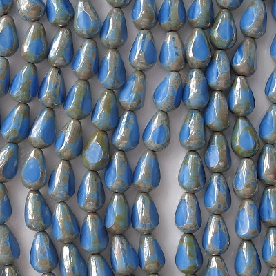 11.5mm Blue Satin/Gray Picasso 3-Cut Teardrop Beads [25]