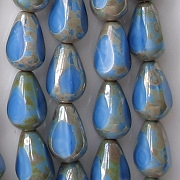 11.5mm Blue Satin/Gray Picasso 3-Cut Teardrop Beads [25]