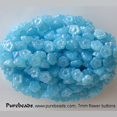 7mm Light Aqua Opalescent Luster Flower Button Beads [50]