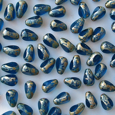11mm Capri Blue Picasso 3-Cut Teardrop Beads [25]