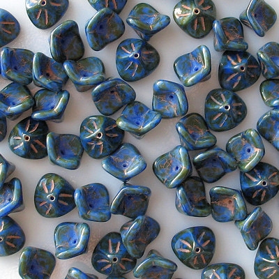 8x12mm Blue/Green Picasso 3-Petal Flower Beads [10]