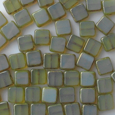 10mm Olive/Aqua Picasso Polished Flat Square Beads [18] (odd lot)