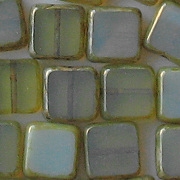 10mm Olive/Aqua Picasso Polished Flat Square Beads [18] (odd lot)