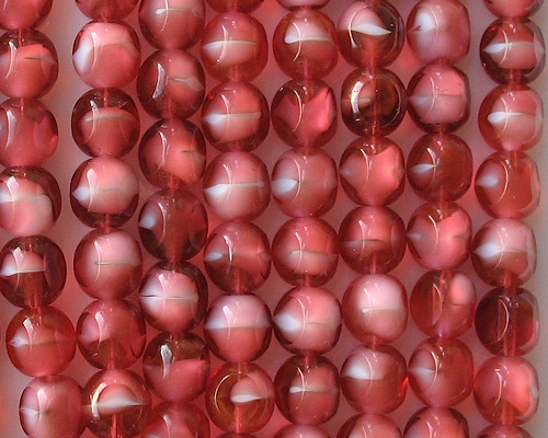 10mm Cranberry/Pearl 3-Cut Round Beads [20]