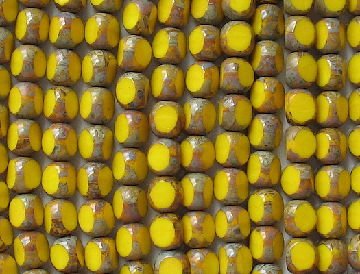 8mm Opaque Yellow Picasso 3-Cut Round Beads [25]