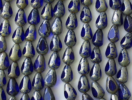 12mm Cobalt Blue Picasso 3-Cut Teardrop Beads [25] (see Comments)