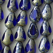 12mm Cobalt Blue Picasso 3-Cut Teardrop Beads [25] (see Comments)