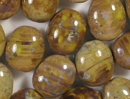 11mm Mustard Yellow Picasso Oval Beads [15] (see Defects)