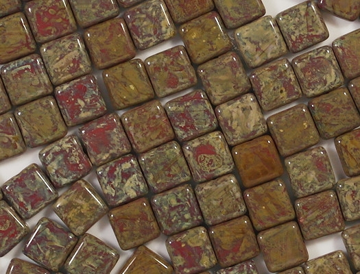 10mm Opaque Red Picasso Square Beads [15]