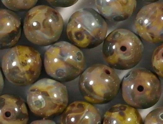 8mm Chartreuse/Brown Picasso Round Beads [25]