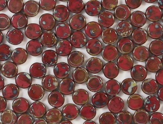 8mm Opaque Red Mottled Coin Beads [25]