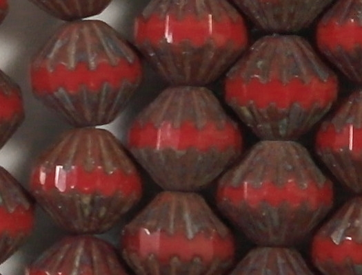 8x9mm Opaque Red Picasso Fluted Saucer Beads [25]