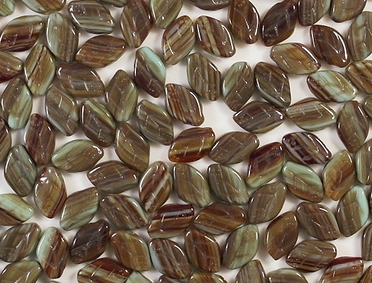 12mm Brown/Aqua Striped Leaf Beads [25]