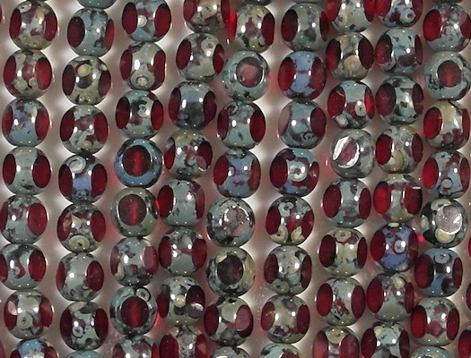 8mm Siam Red Picasso 3-Cut Round Beads [25] (see Comments)