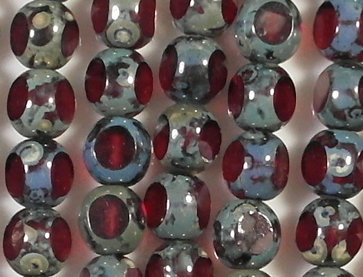 8mm Siam Red Picasso 3-Cut Round Beads [25] (see Comments)
