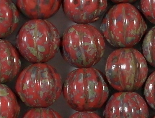 8mm Opaque Red Picasso Fluted Beads [25]